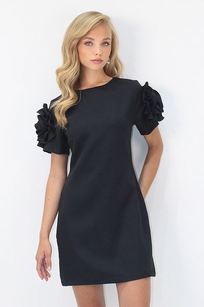 VAGGON Black Crew Neck Sleeves Ruffle Detail Hidden Zipper Mini Dress