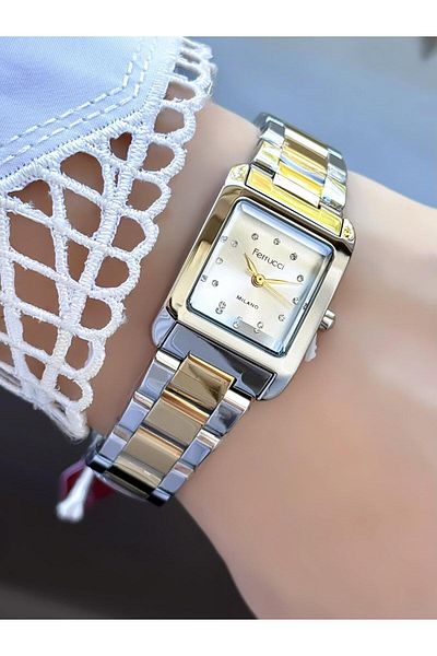 Ferrucci Milano Women's Wristwatch – Square Case, Stone Detailed Dial, Two Color Metal Cord