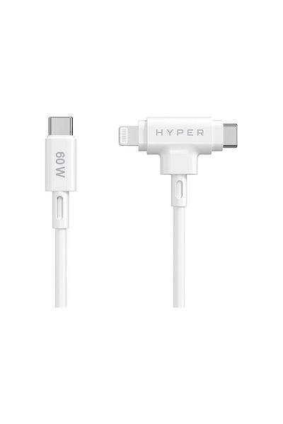 3DHyperStudio Hyper HyperJuice Silikonowy kabel USB-C do USB-C i Lightning Hybrid 60W, biały | Hyper