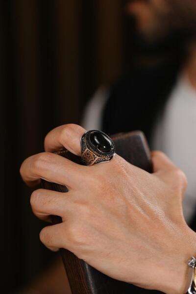 dergah tesbih Çelebi Serisi El İşçiliği Siyah Taşlı 925 Ayar Gümüş Yüzük