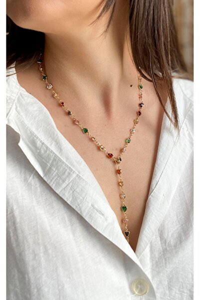 Sacha Accessories Heart Row Gold Colored Steel Y Necklace