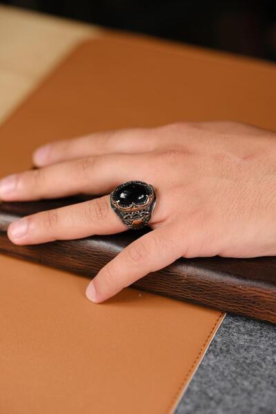 dergah tesbih El İşçiliği Yadigar Siyah Taşlı 925 Ayar Gümüş Yüzük