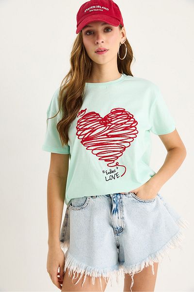 Bianco Lucci Women's Cotton Short Sleeve Crew Neck Heart Embroidered T-Shirt 60602028