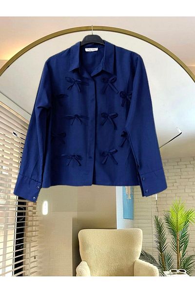 Nergis Neva Butik Closed Patch Bow Poplin Short Shirt
