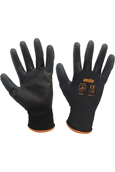 Ansio Set of 10 pairs of work gloves, nylon/polyurethane, black/orange, size L