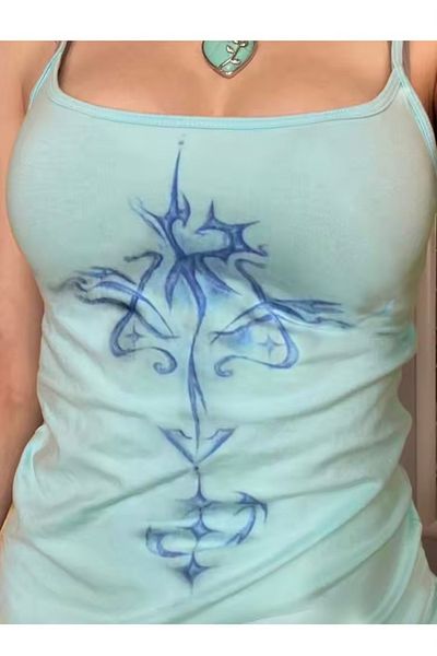 Pop Giyim Flower Pattern Thin Strap Blue Bodysuit