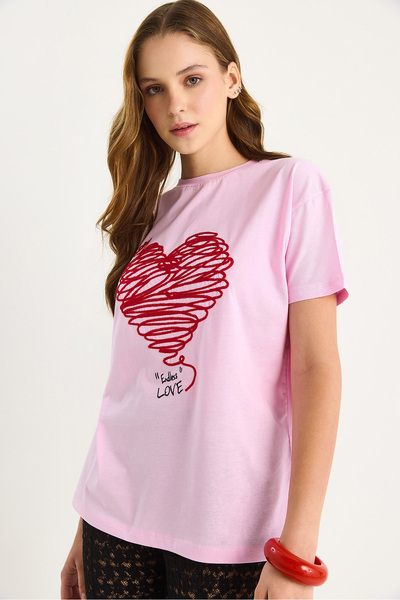 Bianco Lucci Women's Cotton Short Sleeve Crew Neck Heart Embroidered T-Shirt 60602028