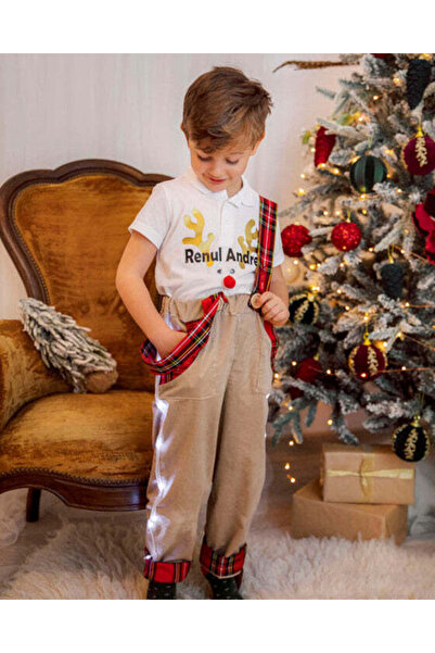 fustite cu luminite Pantaloni cu Led-uri, Crem - Roșu de Spiriduș cu Bretele Ajustabile - 5-6 ani (110-116 cm)