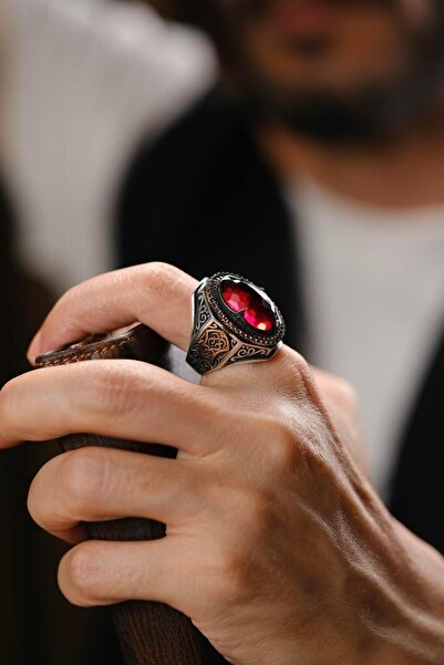 dergah tesbih Çelebi Serisi El İşçiliği Kırmızı Taşlı 925 Ayar Gümüş Yüzük