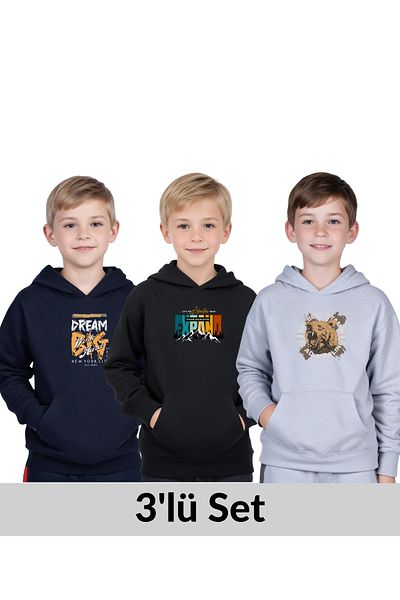 FYK COLLECTİON 3-Pack Hooded Kangaroo Pocket Printed Boy's Sweatshirt