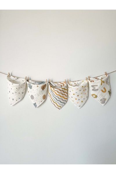 Mnk Baby&Kids 5-Piece Muslin Patterned Baby Mouth Wipes with Snap Fasteners Bib M00750 Blue