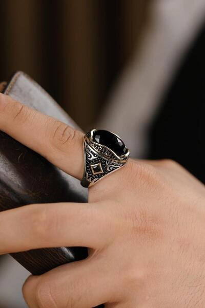 dergah tesbih Cihandar Serisi El İşçiliği Siyah Taşlı 925 Ayar Gümüş Yüzük