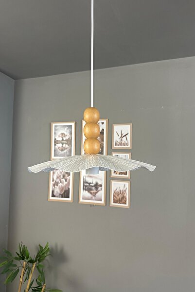 Bamyum Teyra Beyaz Tekli Avize Ahşap Üç Boncuk Başlık Sarkıt Lamba Restoran Salon Aydınlatma