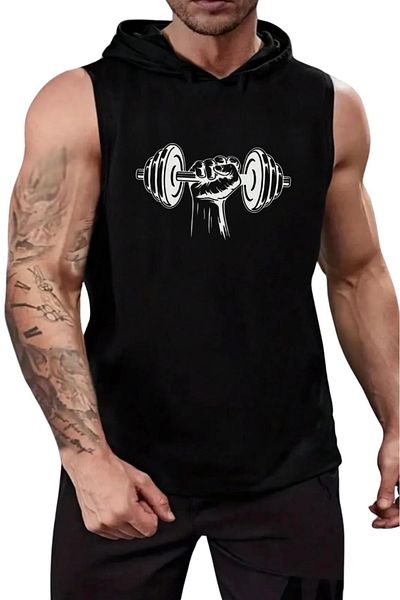 Shine Stone Men's Black Hooded Sleeveless Dumbell Gym Print Singlet