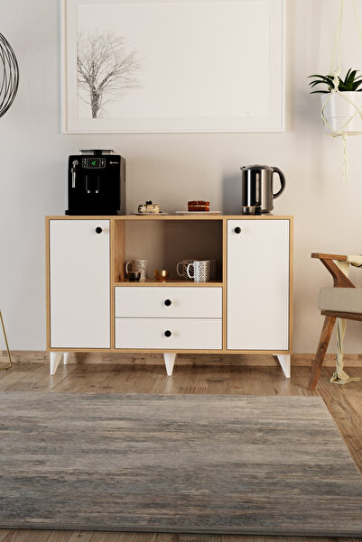 Evdemo Eti Kahve Köşesi Çok Amaçlı Dolap Konsol Beyaz Atlantik Çam