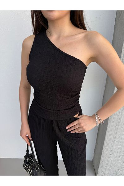 TOKARİS TEKSTİL Women's Black Seersucker Fabric One Shoulder Crop Blouse and Wide Leg Pants Double Suit