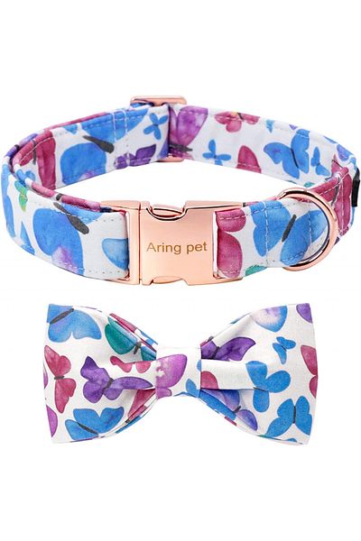 Aring Pet dog collar and bow tie set, cotton/metal, multicolor, size M