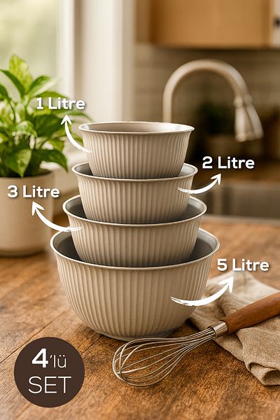 Vienev Set of 4 Mega Size Plastic Mixing and Storage Bowls |   1L, 2L, 3L, 5L Beige