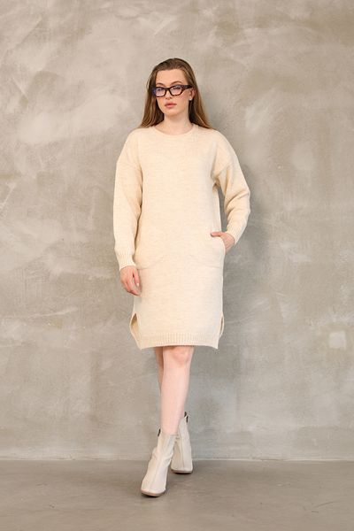 ALCHON Round Crew Neck Long Sleeve Pocket Side Slit Soft Texture Winter Knitwear Midi Length Pullover Tunic