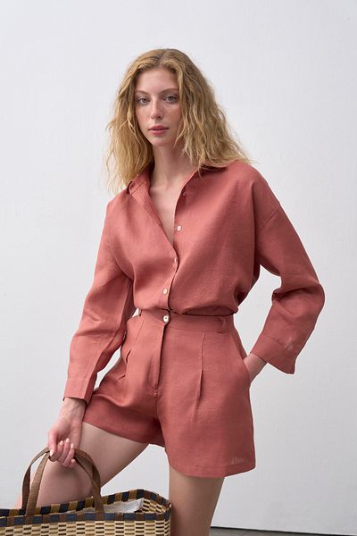 mathilda store Women's Salmon Limited Edition Linen Shirt Shorts Set