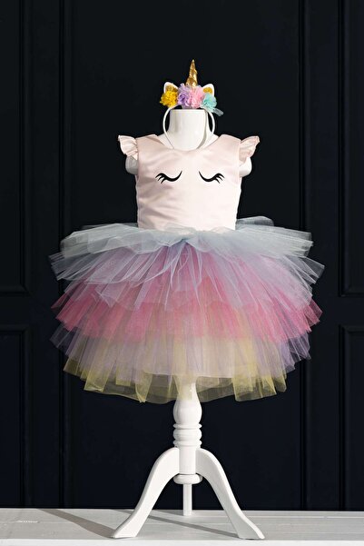 YAĞMUR KOStütüM Kız Çocuk Unicorn Kirpik Baskılı Pembe Doğum Günü Elbisesi & ...