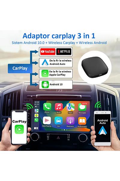 ENZIRO Adaptor Auto Wireless 3 in 1, cu Netflix, YouTube, Google Store, Wi-Fi 6, 32GB, Plug & Play, Negru
