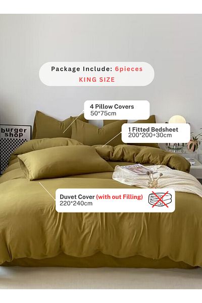 LUNA HOME King Size 6 piece Bedding Set Without Filling, Washable Cotton Khaki Color 220x240cm.