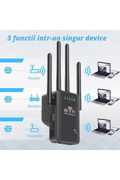 WowStep Wireless Signal Amplifier, WiFi Range Extender, 2.4 Hz, 300 Mbps, WEP, WPA and WPA2, LAN, Black
