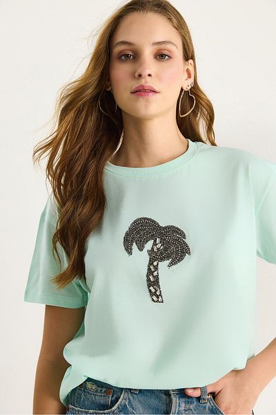 Bianco Lucci Women's 100% Cotton Crew Neck Palm Stone Accessory Comfortable Fit T-Shirt 60602067