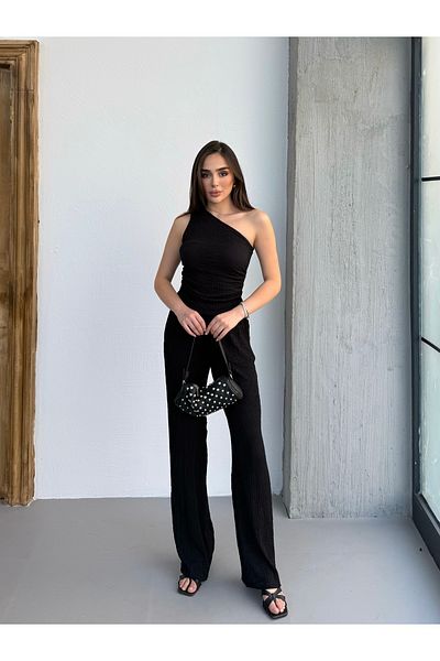TOKARİS TEKSTİL Women's Black Seersucker Fabric One Shoulder Crop Blouse and Wide Leg Pants Double Suit