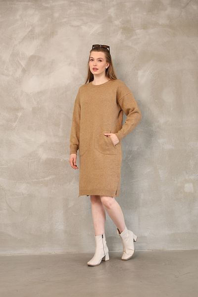 ALCHON Round Crew Neck Long Sleeve Pocket Side Slit Soft Texture Winter Knitwear Midi Length Pullover Tunic