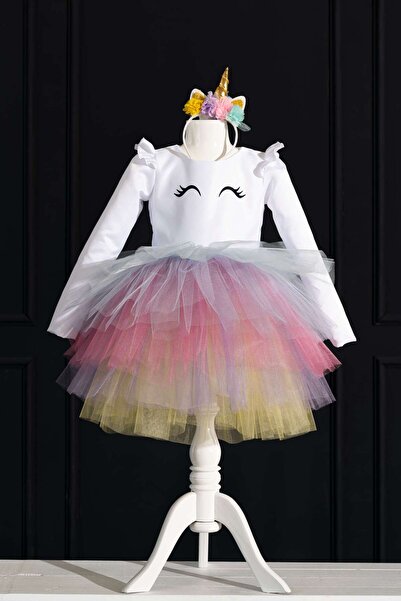 YAĞMUR KOStütüM Kız Çocuk Unicorn Kirpik Baskılı Uzun Kollu Beyaz Doğum Günü ...