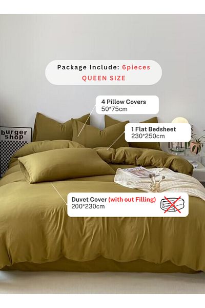LUNA HOME Queen Size 6 piece Bedding Set Without Filling, Washable Cotton Khaki Color 200x230cm.