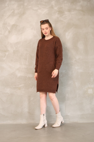 ALCHON Туника с дълъг ръкав с кръгло деколте и джоб отстрани, мека текстурирана зимна плетка с дължина миди