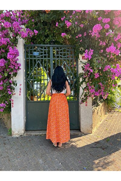 KÜÇÜĞÜM BUTİK Fusta poplin evazată cu flori portocalii