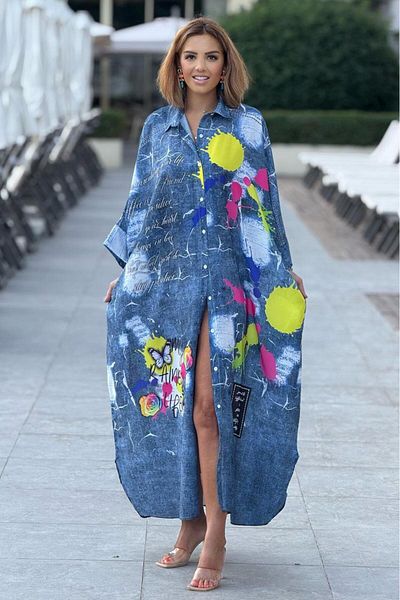 Nevin Kaya Moda Μπλε Boho Watercolor Pattern Casual Φόρεμα