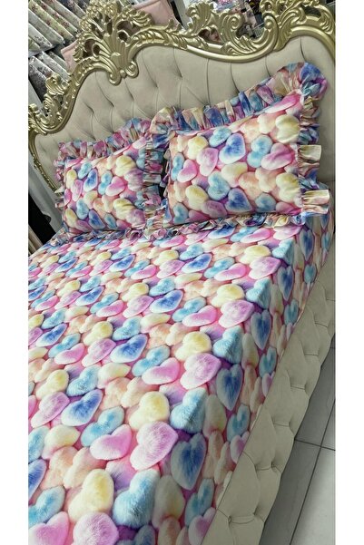 AHSEN TASARIM 5 D Digital Fabric Fitted Sheets and 2 Ruffle Pillowcases
