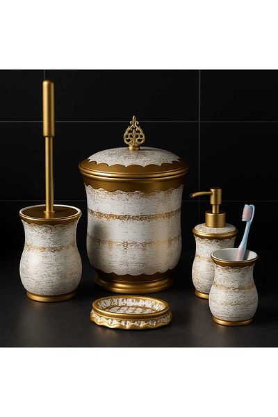 KdrElektronik Porcelain Luxury Gold White 5 Piece Bathroom Set