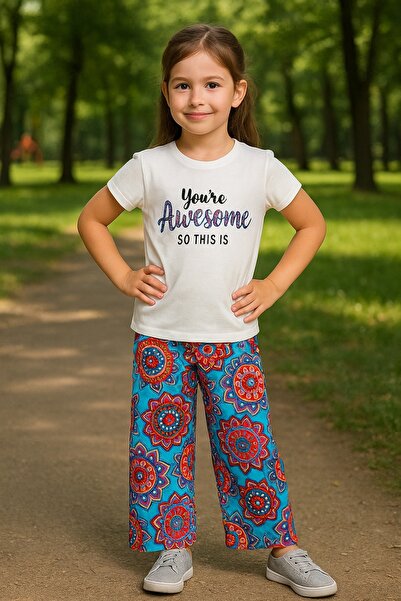Cmk Kids Letnji komplet za devojčice, široka pamučna majica i pantalone, leže...