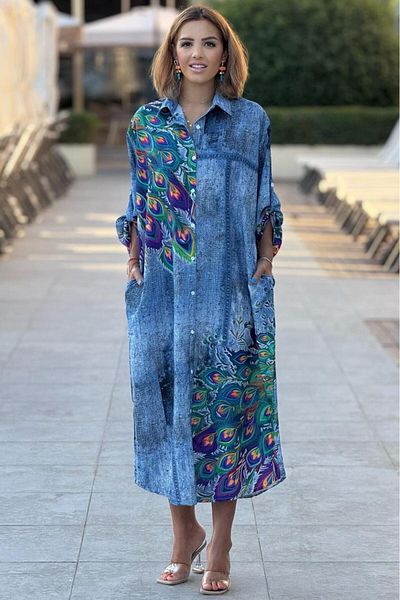 Nevin Kaya Moda Μπλε φαρδύ φόρεμα με σχέδιο Boho Peacock
