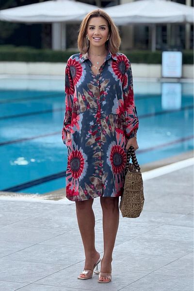 Nevin Kaya Moda Midi Length Red Ethnic Patterned Shirt Dress 100% Cotton Viscose
