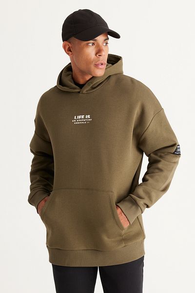 AC&Co / Altınyıldız Classics Men's Khaki Oversize Fit Loose Cut Hooded Fleece Inside 3 Thread Cotton Sweatshirt