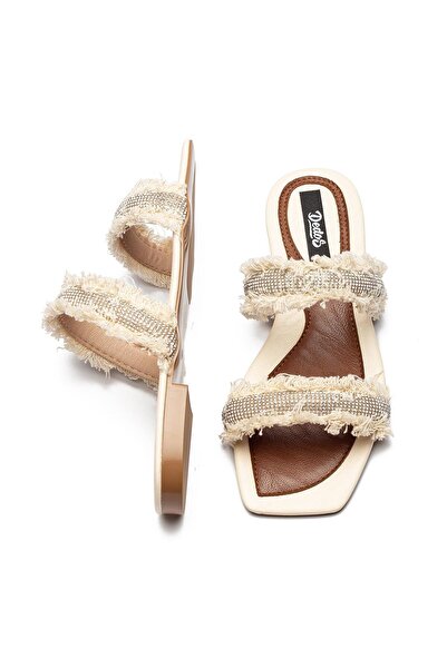 Dedos Women's Feather and Stone Detailed Open Slippers Beige 13050