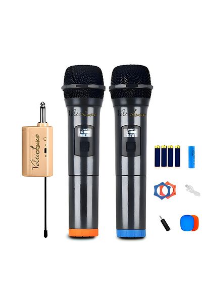 VELTILUXE Set microfoane wireless VeltiLuxe, afișaj LED, funcție de anulare a zgomotului, grilă metalică,gri