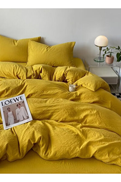 LUNA HOME Single Size 4 piece Bedding Set Without Filling, Washable Cotton Yellow Color 160x210cm.