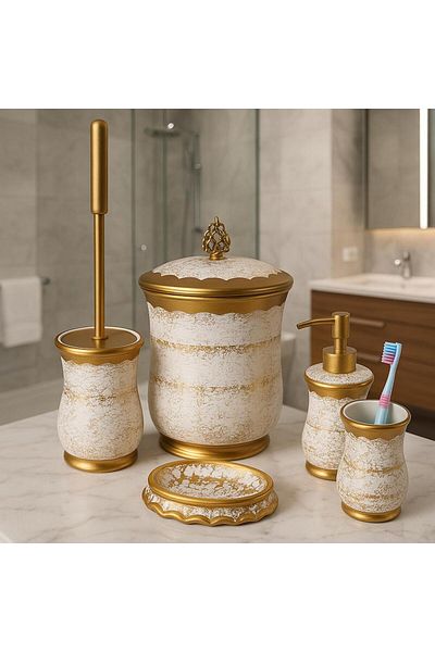 KdrElektronik Porcelain Luxury Gold White 5 Piece Bathroom Set