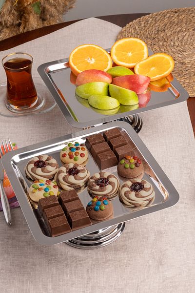 NEWTREND Züccaciye Luxury 2-Piece Square Silver Standing Cake, Pastry, Cookie, Dessert, Catering, Dowry Presentation Serving Stand
