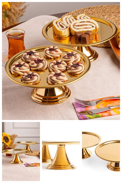 NEWTREND Züccaciye Luxury 2-Piece Round Gold Footed Cake, Cake, Cookies, Dessert, Treat, Dowry Presentation Serving Stand