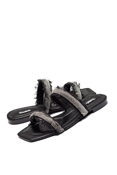 Dedos Women's Feather and Stone Detailed Open Slippers Black 13050