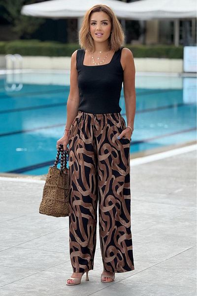 Nevin Kaya Moda Italian Coffee Spiral Patterned 100% Cotton Viscose Trousers
